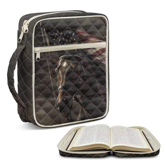 Xoenoiee Horse American Flag Print Bible Bags for Women Men Bible Study Supplies Accessories Church Bag with Handle, Quilted Bible Cover Case Carrying Case with Zipper Pocket