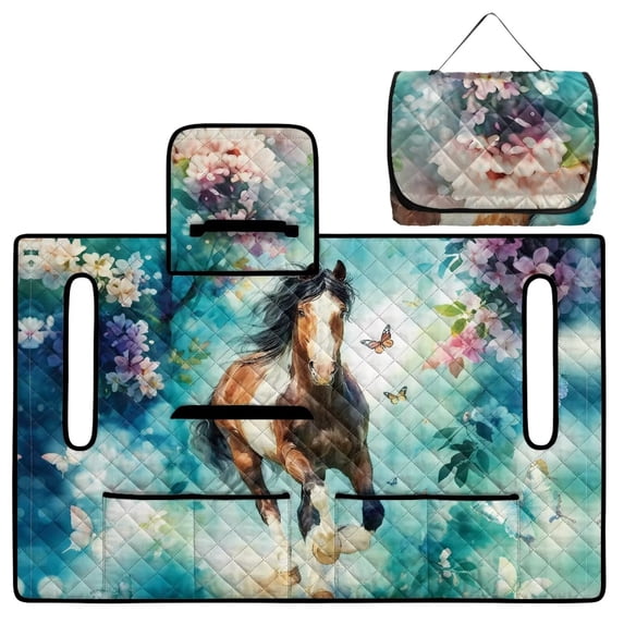 Xoenoiee Horse Butterfly Flower Print Golf Cart Seat Covers Golf Cart Seat Towel Blanket with 4 Large Front Pockets & Non Slip Backing Universal Fit for 2 Person Golf Cart, 51" x 30"