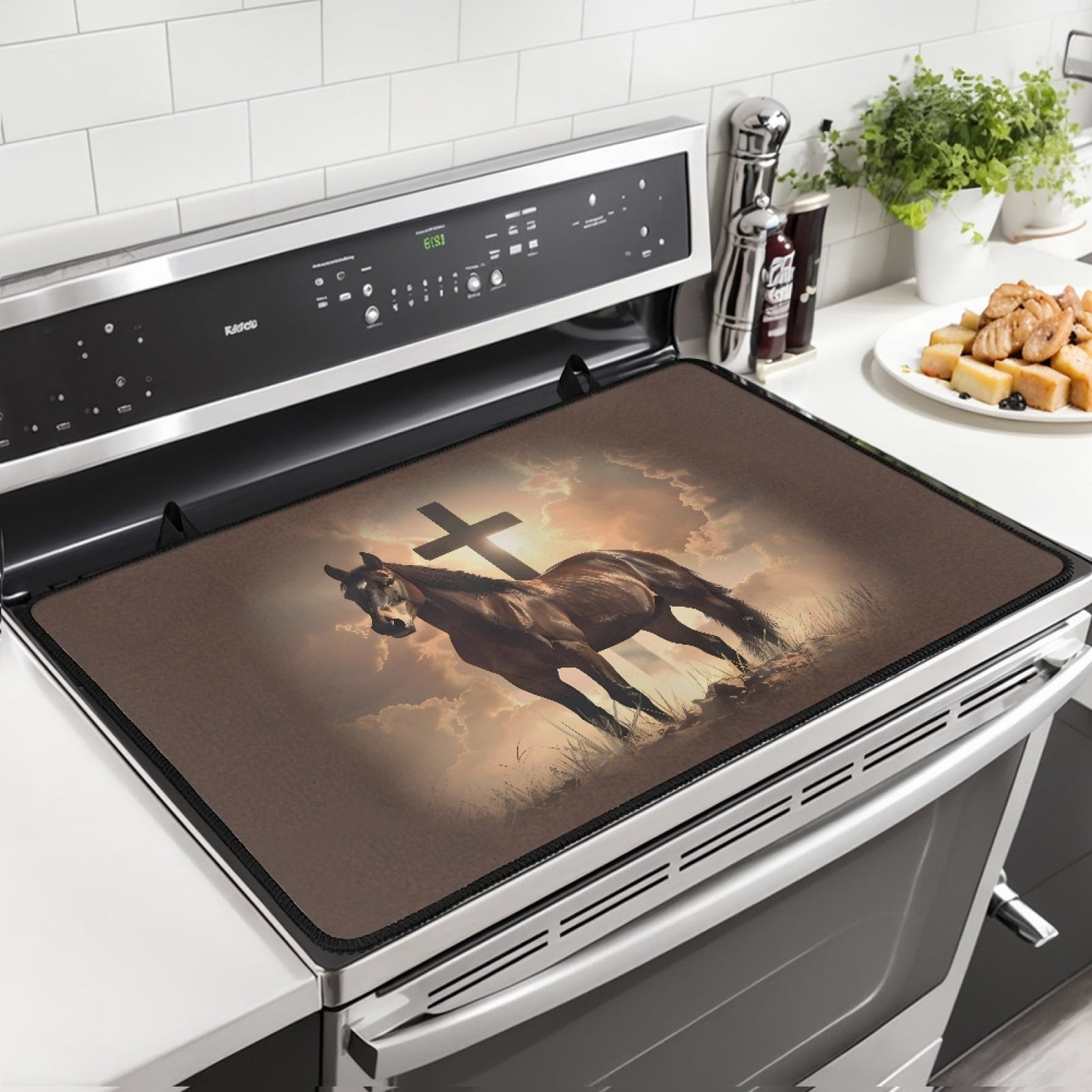 Xoenoiee Horse Cross Print Stove Top Cover, Multi-purpose Stove Cover for Electric Stove Top Cooktop Covers Anti-Slip Mat Heat Resistant Countertop Protector Kitchen Holiday Decor