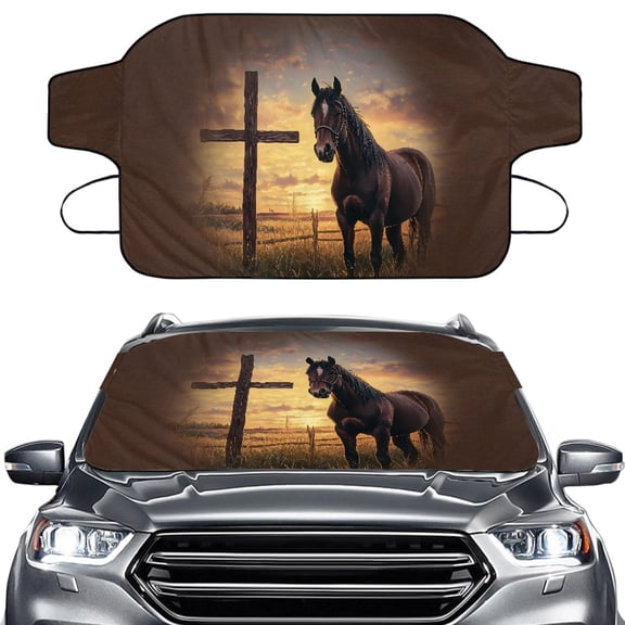 Xoenoiee Horse Cross Sunset Print Car Windshield Cover for Ice & Snow, All-Weather Protection Weatherproof Frost Cover, Auto Winter Accessories Fit for SUVs, Trucks, Cars
