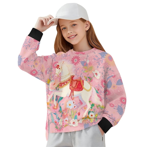 Xoenoiee Horse Daisy Flower Print Girls Oversized Sweatshirts Crewneck Side Slit Pullover Sweaters 2025 Fall Long Sleeve Tunic Tops Outfits, 9-10 Years
