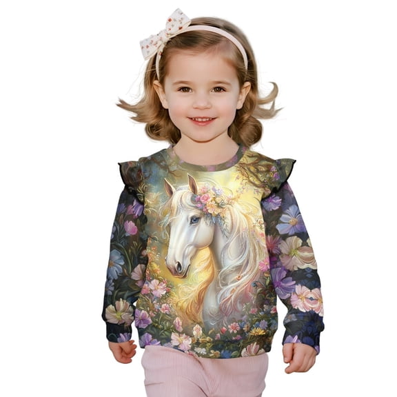 Xoenoiee Horse Daisy Flower Print Sweatshirt for Girls Ruffle Pullover Top Casual Long Sleeve Shirt Kids Crewneck Sweater Streetwear, Size 4-5 Years