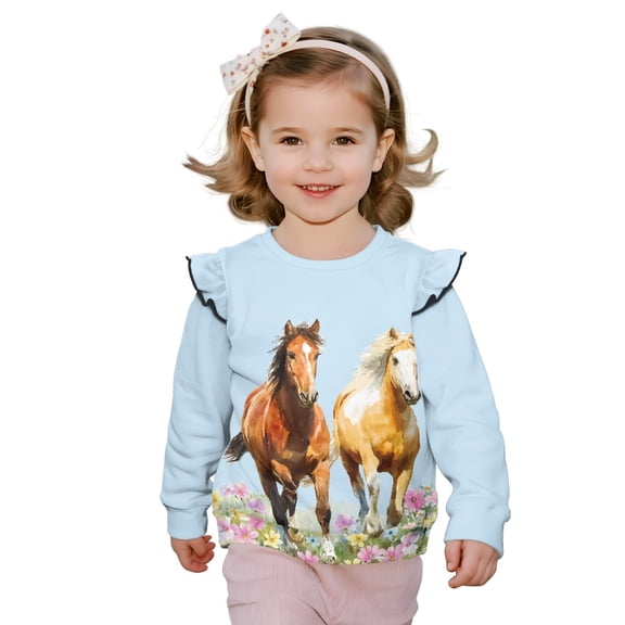 Xoenoiee Horse Daisy Flower Print Toddler Baby Girls Ruffle Sweatshirts Kids Winter Clothes Casual Long Sleeve Shirts Crewneck Pullover Sweater Tops, Size 5-6 Years