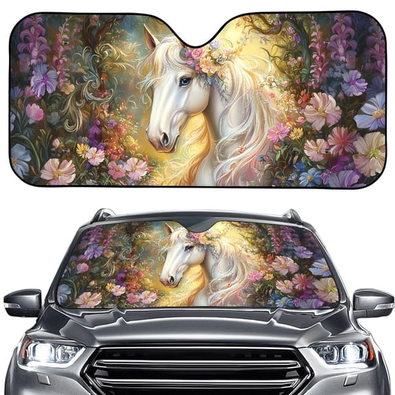 Xoenoiee Horse Daisy Flower Print Windshield Sun Shade for Car, Foldable Front Window Sunshade Sun Visor Protector, Block UV Rays Keep Your Car Cooler