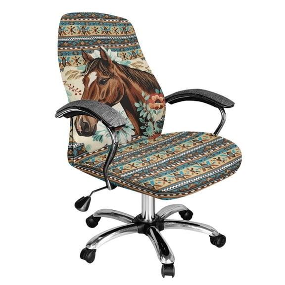 Xoenoiee Horse Flower Aztec American Tribal Pattern Office Computer Chair Covers, Stretchable Rotating Chair Cover Removable Washable Rotating Chair Protective Slipcover, L