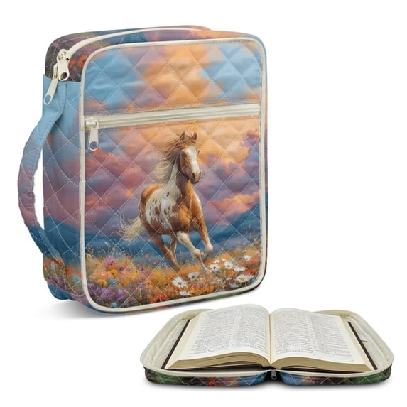 Xoenoiee Horse Flower Cloud Print Bible Cover Case for Women Men Large Bible Cover Bag with Durable Handle Quilted Carrying Bible Study Supplies Accessories with Zipper Pocket