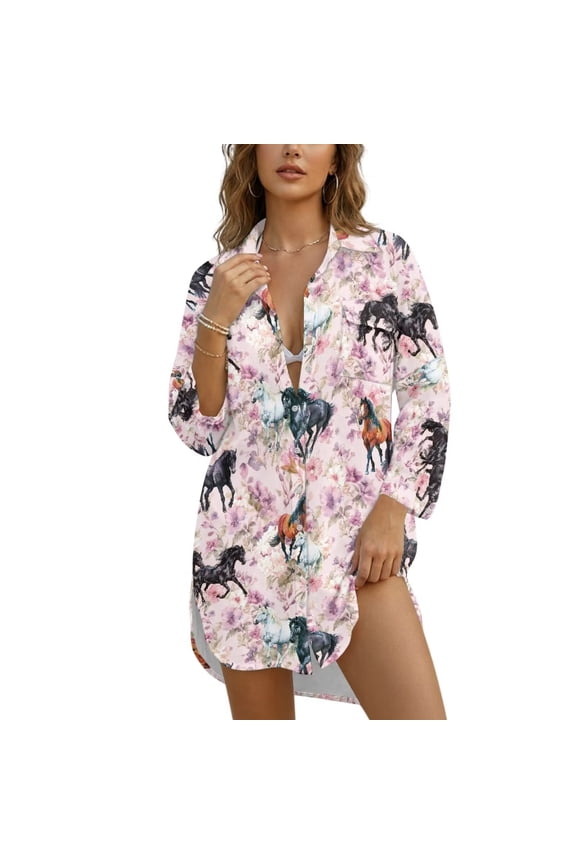 Horse Flower Print Long Sleeve Swimsuit Coverup for Women Button Down Bathing Suit Cover Up Shirt Casual Beach Dress Resort Wear, Size M