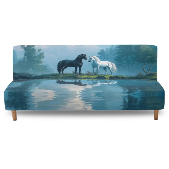 Xoenoiee Horse Forest Pattern Stretch Futon Slipcover Armless Sofa Cover Furniture Protector Without Armrests Slipcover Soft with Elastic Bottom for Kids