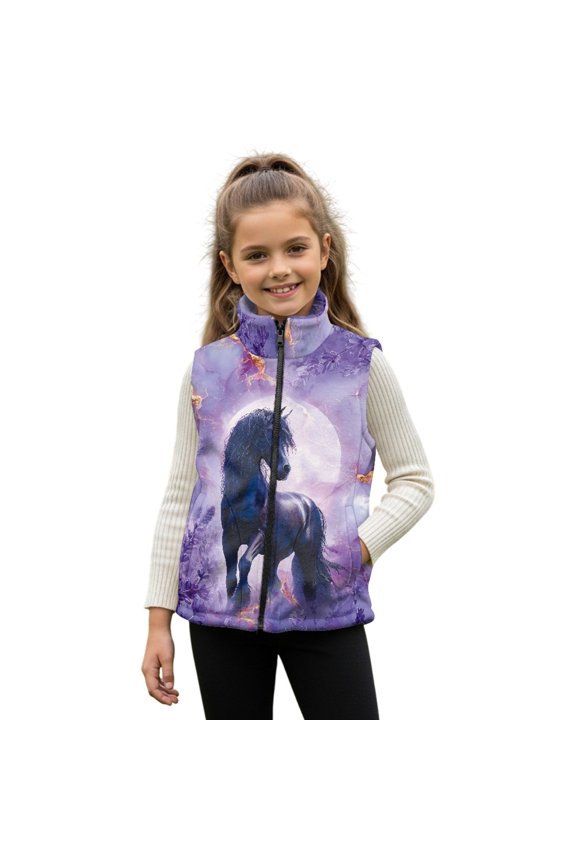Horse Moon Marble Lavender Print Girls Sleeveless Vests Jacket Full-Zip Fall Winter Warm Outerwear Lightweight Zip Coats with Pockets for Girls, Size 2T