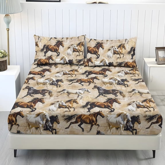 Xoenoiee Horse Print 3 Pieces Fitted Sheet Set, Soft Breathable, Deep Pocket Fitted Sheet + 2 Pilowcases for Room Hotel Decor, Twin Size