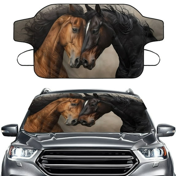 Xoenoiee Horse Print Car Windshield Snow Cover, Winter Frost Protection for All Weather, Windscreen Covers with Elastic Strap, Auto Front Window Covers for Car SUV Trucks
