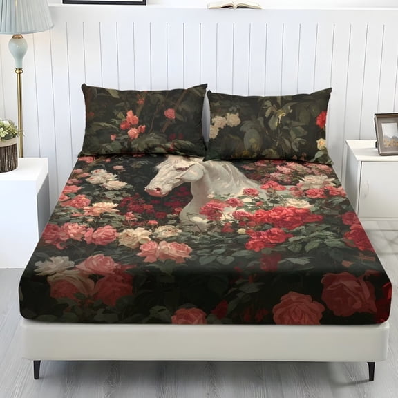 Xoenoiee Horse Rose Flower Print Fitted Sheet Set, 3-Piece Bedding Set with Deep Pocket - Soft & Breathable Microfiber Sheet Set Includes 1 Fitted Sheet and 2 Pillowcases, King Size