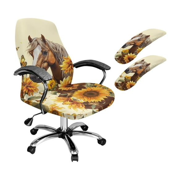 Xoenoiee Horse Sunflower Butterfly Print Office Chair Cover Stretchable Universal Computer Chair Cover Soft Washable Seat Covers Dustproof Desk Armchair Rotating Chair Slipcovers with Arm Covers, S