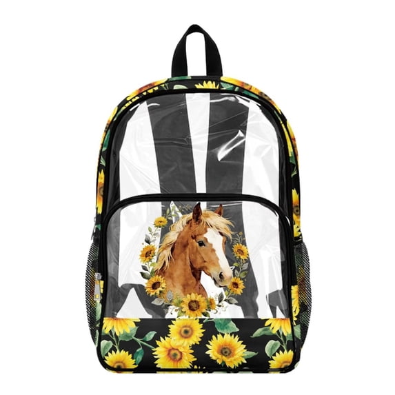 Xoenoiee Horse Sunflower Print Clear Backpack for School Girls, Heavy Duty PVC Transparent Bookbag for Kids Stadium Approved See Through Backpack Lightweight Schoolbag with Adjustable Strap