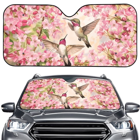 Xoenoiee Hummingbird Cherry Blossom Print Car Windshield Sun Shade, Heat Resistant Car Windshield Cover Sunshade UV Block for Car Front Window, Foldable Sunshades for Most Cars