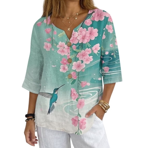 Xoenoiee Hummingbird Cherry Blossom Print Women's V-Neck Cotton Linen Shirt Top 3/4 Roll-Up Sleeve Summer Casual Loose Blouses Tunic Tops with Button, 2XL