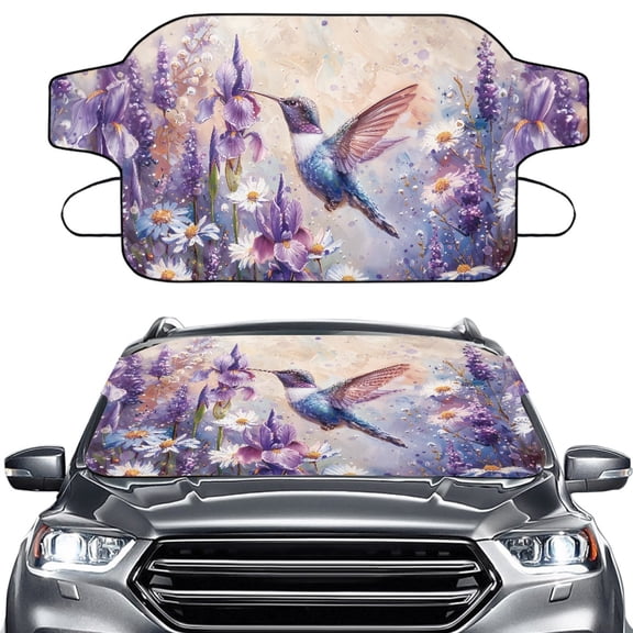 Xoenoiee Hummingbird Daisy Lavender Print Car Windshield Snow Ice Cover, Waterproof Car Sun Shade Vehicle Windproof Protect Cover, Winter Frost Auto Exterior Accessories for SUV Sedan Truck