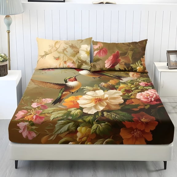 Xoenoiee Hummingbird Flower Pattern Fitted Sheet and Pillowcase Set, 3-Piece Deep Pocket, Stretchy Sheet Set with Elastic Band, Non-Slip Snug Fit, Lightweight Breathable Bed Sheets, Twin Size