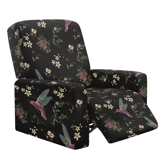 Xoenoiee Hummingbird Flower Pattern Recliner Slipcover Stretch Reclining Chair Covers 4 Pieces Non Slip Recliner Sofa Slipcovers with Pockets Fitted Sofa Couch Cover Lazy Boy Chair Cover for Pet Kid