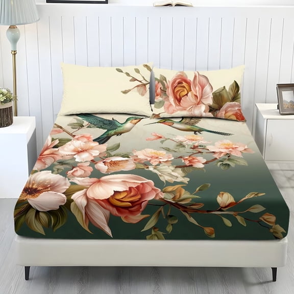 Xoenoiee Hummingbird Flower Print 3pcs Extra Deep Pocket Fitted Sheet Set Bed Set, Silky Bedding Set Soft & Ultra Deep Fitted Sheet & 2 Pillowcase, Twin Size