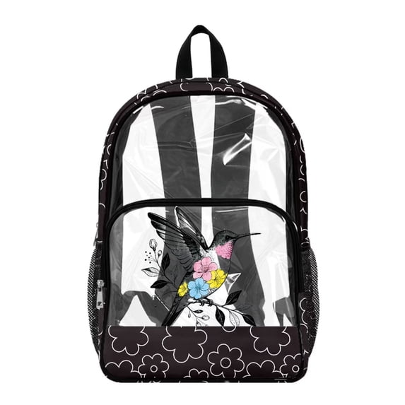 Xoenoiee Hummingbird Flower Print Clear Backpack Transparent Schoolbag See Through Bookbag for Kids Girls, Large Capacity School Bag with Padded Straps for Travel Sport Stadium Events