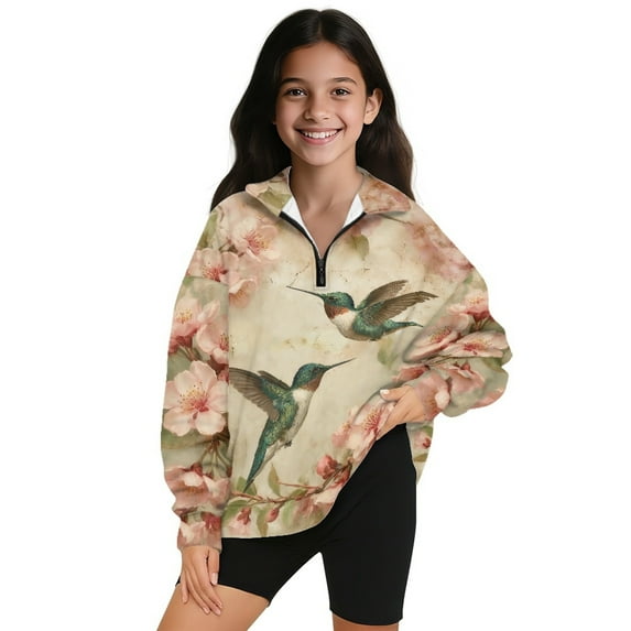 Xoenoiee Hummingbird Flower Print Girls Half Zip Sweatshirt Lightweight Pullover Hoodies Long Sleeve Zipper Sweatshirt Fall Winter Tops, Size 9-10 Years