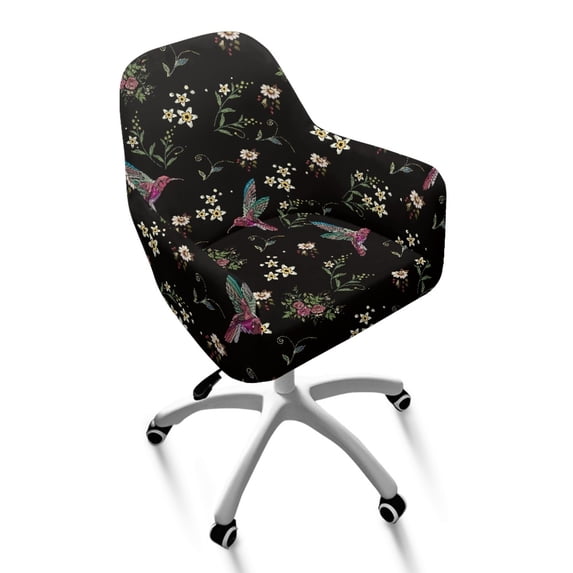 Xoenoiee Hummingbird Flower Print Velvet Curved Back Dining Room Chair Covers with Arms Stretch Swivel Bar Stool Chair Slipcover, Removable Vanity Kitchen Office Desk Armchair Protector Covers