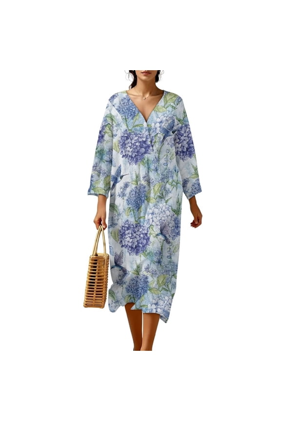 Hummingbird Hydrangea Flower Print Women Cotton Linen Dress Casual Midi Dresses Flowy Ruffle Boho Long Dresses 3/4 Sleeve V Neck Ruffle Tunic Dress, 4XL
