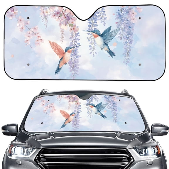 Xoenoiee Hummingbird Lavender Cherry Blossom Pattern Car Windshield Sun Shade Foldable Reflector Sunshade Protection for Car Interior, Reflective Sun Blocker Fits Sedan SUV Truck