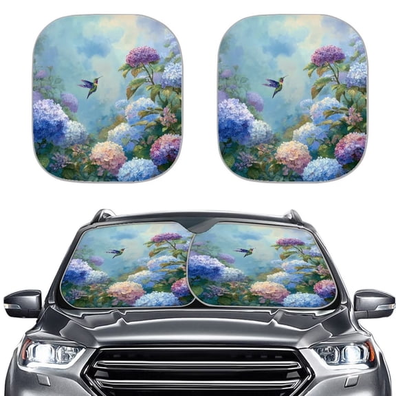Xoenoiee Hummingbird Lavender Flower Print Car Front Windshield Sunshade Folding Auto Shade for Car Truck SUV, Blocks UV Rays Sun Visor Protector, Keeps Your Vehicle Cool, Set of 2