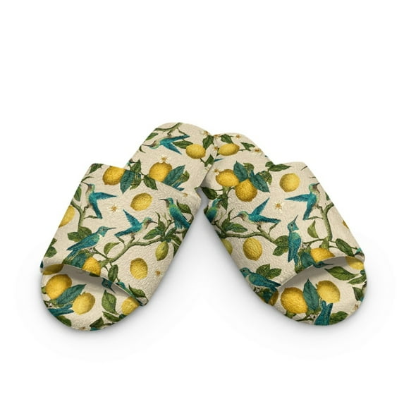 Xoenoiee Hummingbird Leomon Flower Print Slippers for Women Men Memory Foam House Bedroom Open Toe Slides Sandals Shoes Comfy Trendy Indoor Shoes Anti-Skid Sole, 9-10 Women/8-9 Men
