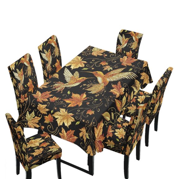 Xoenoiee Hummingbird Maple Leaves Pattern Table Cover and Chair Slipcovers Set of 7, Removable Rectangle Tablecloth with Chair Covers, Water-Resistant Furniture Protectors, Machine Washable