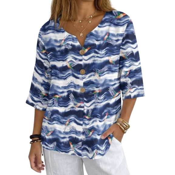 Xoenoiee Hummingbird Tie Dye Print Women's V-Neck Cotton Linen Shirt Top 3/4 Roll-Up Sleeve Summer Casual Loose Blouses Tunic Tops with Button, Size S