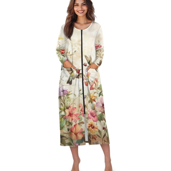 Xoenoiee Hummingbrid Flower Print Women's Zipper Robe Long Sleeves Housecoat Full Length Nightgown Soft Loungewear Robe with Pockets, Size 2XL