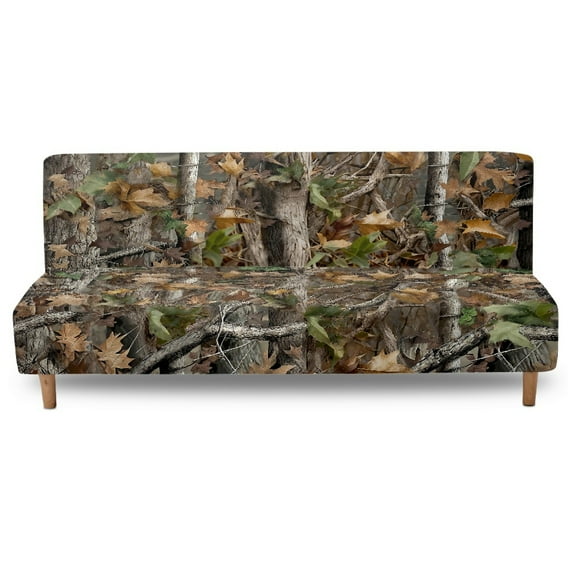 Xoenoiee Hunting Camo Forest Branch Print Velvet Futon Cover Full Size Stretch Futon Mattress Cover Thick Soft Armless Sofa Bed Slipcover Plush Couch Furniture Protector with Elastic Bottom