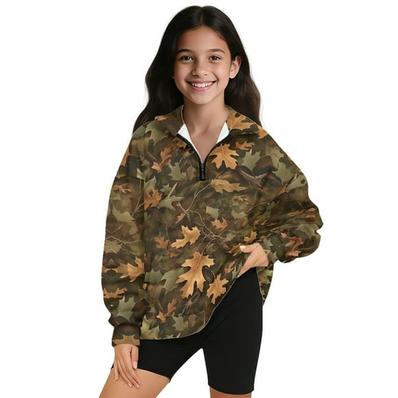 Xoenoiee Hunting Camo Forest Print Girls Half Zip Sweatshirt Oversized Fleece Pullover Long Sleeve Casual Soft Comfy Tops for Teen Girls Fall Winter Clothes, 9-10 Years