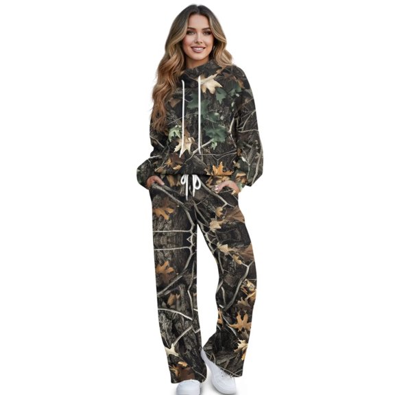 Xoenoiee Hunting Camo Leaves Print Two Piece Outfits for Women Long Sleeve Lounge Sets Sweatshirt Sweatpants Sweatsuits Set with Pockets, XS