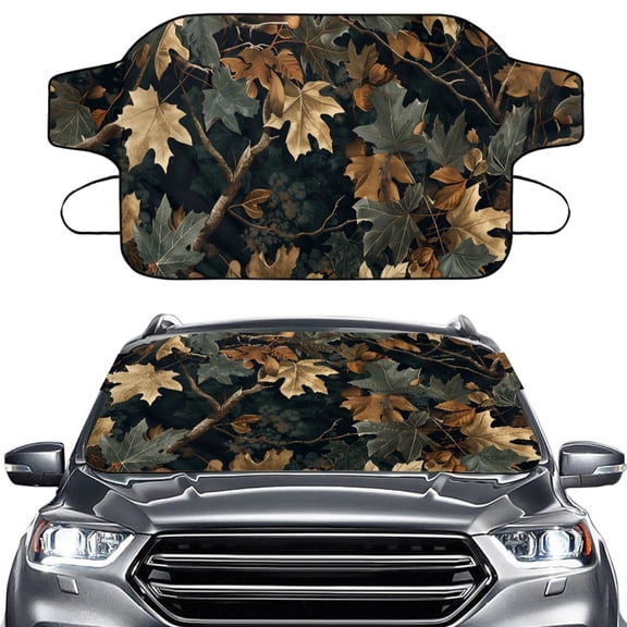 Xoenoiee Hunting Camo Leaves Print Windshield Cover for Ice and Snow, Heavy Duty 600D Fabric Waterproof Auto Windshield Protection Universal Fit for Cars, SUVs, Vans, Truck