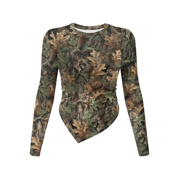 Xoenoiee Hunting Camo Pinecone Print Long Sleeve T-Shirt for Women Slim Fit Round Neck Pullover Irregular Hem Y2k Going Out Top Plus Size, Size M