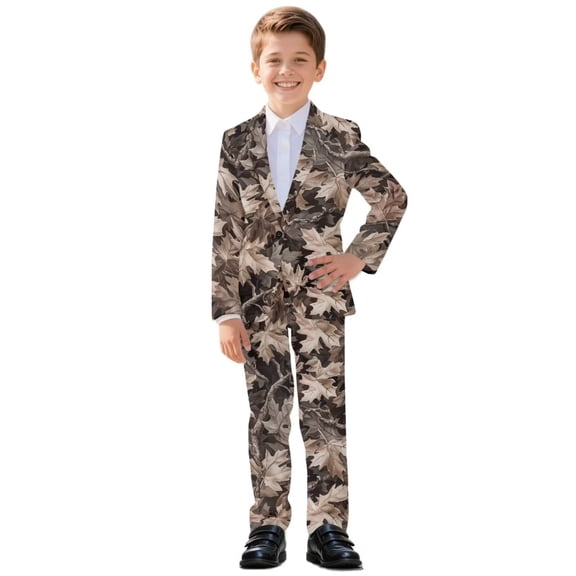 Xoenoiee Hunting Camo Print Boy Suits Slim Fit 2 Pieces Beige Suit for Boys Formal Wedding Outfit Kids Prom Tuxedo Dresswear Set, Size 7-8 Years