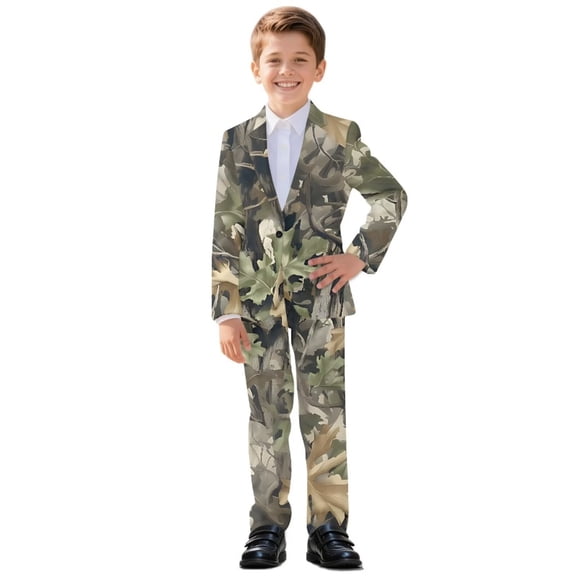 Xoenoiee Hunting Camo Print Boys' Formal Suit 2 Piece Set Blazer Set Toddler Tuxedos for Wedding, Suits for Teens Boy Dress School Clothes, 6-7 Years