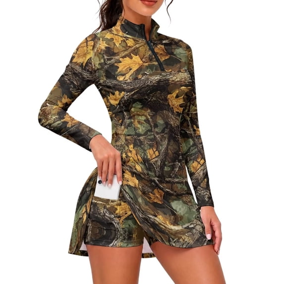 Xoenoiee Hunting Camo Print Tennis Dress for Women with Shorts, Pockets Long Sleeve Zip Up Stand Collar Golf Dresses Quick Dry Lightweight Athletic Dress, Size S