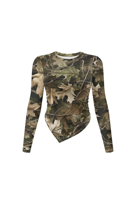 Hunting Camo Print Women's Long Sleeve T Shirts Crew Neck Slim Fit Tops Dressy Ruched Basic Tee Y2k Going Out Shirts Irregular Hem Blouser, L