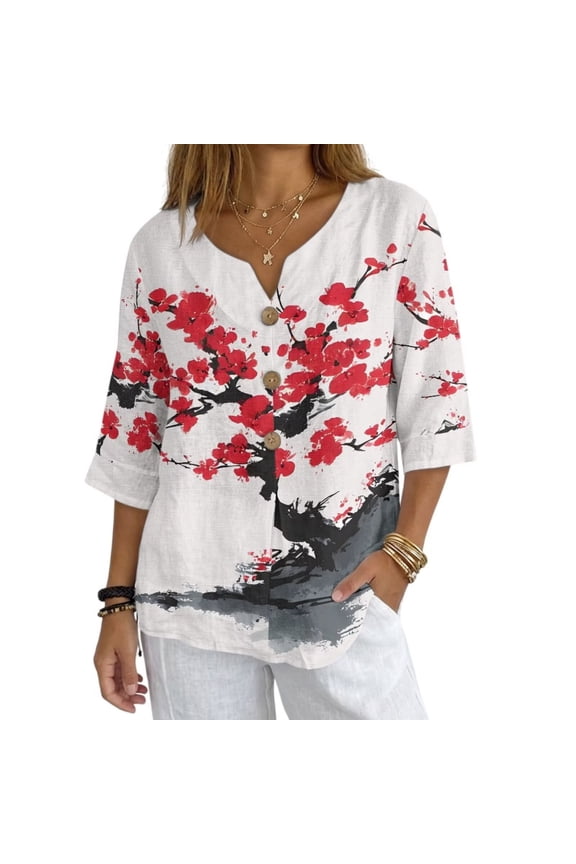 Xoenoiee Ink Wash Cherry Blossom Print Women Linen Shirt Button Down Shirt Casual V Neck Blouses for Women 3/4 Sleeve Oversized Linen Tops for Spring Summer, 4X-Large