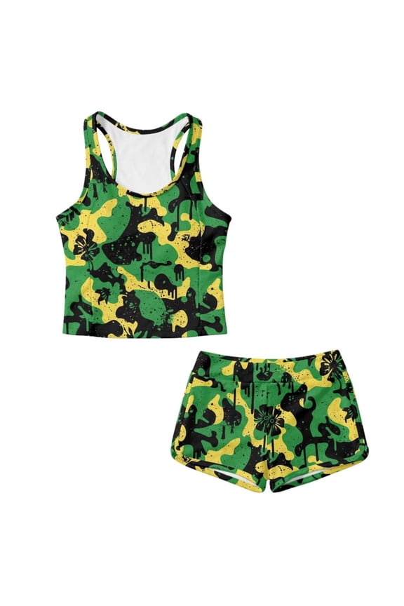 Jamaica Flag Camo Flower Print Girls Tankini Swimsuits with Boy Shorts 2 Piece Swim Suits 2026 Round Neck Bathing Suit Beach Pool Modest Swimwear Beachwear, Size 6-7 Years