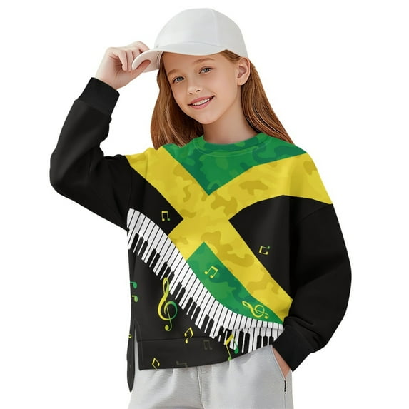 Xoenoiee Jamaica Flag Camo Music Note Print Girls Oversized Sweatshirt Drop Shoulder Long Sleeve Crewneck Pullover, Loose Fit Casual Fall Top Y2K Winter Outfits, 5-6 Years