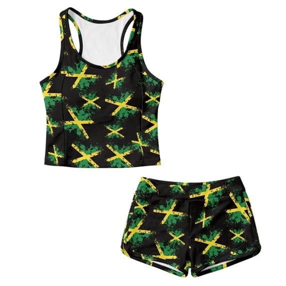 Xoenoiee Jamaica Flag Paint Splatter Print Two Piece Tankini Swimsuits for Girls Kids 2026 Tummy Control Bathing Suit Quick-Dry Swimwear with Shorts, Size 12-13 Years
