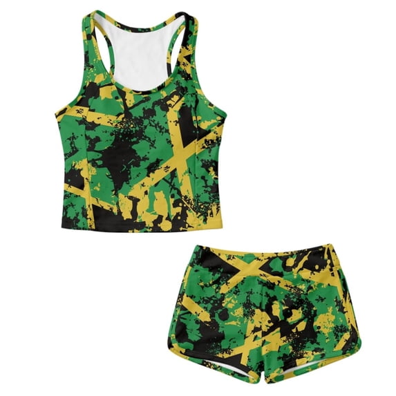 Xoenoiee Jamaica Flag Paint Splatter Print Two Piece Tankini Swimsuits for Girls Tummy Control Vacation Modest Bathing Suits Beach Swim Tank Top with Shorts, Size 12-13 Years