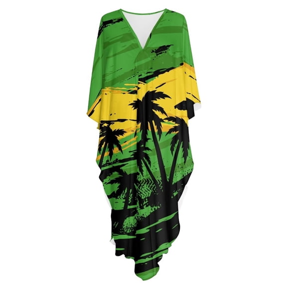 Xoenoiee Jamaica Flag Palm Tree Pattern Plus Size Kaftan Dresses for Women Loose Batwing Sleeve Bathing Suit Summer Caftan Cover Up Lightweight Loungewear