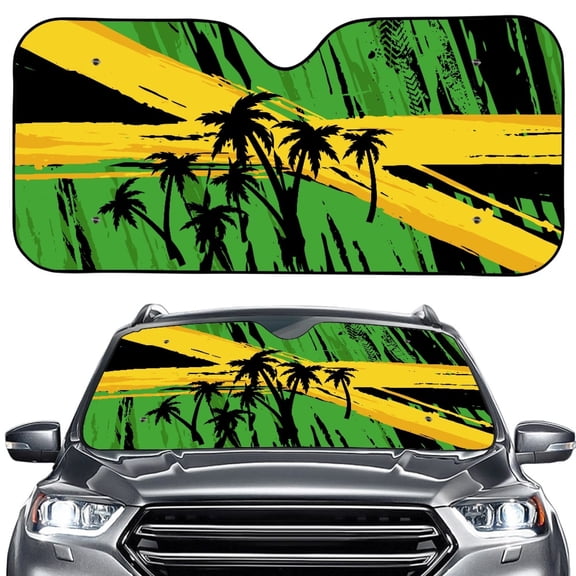 Xoenoiee Jamaica Flag Palm Tree Print Car Windshield Sun Shade Blocks UV Rays Auto Front Window Covers with Suction Cups, Keeps Car Cool, Easy to Install and Store